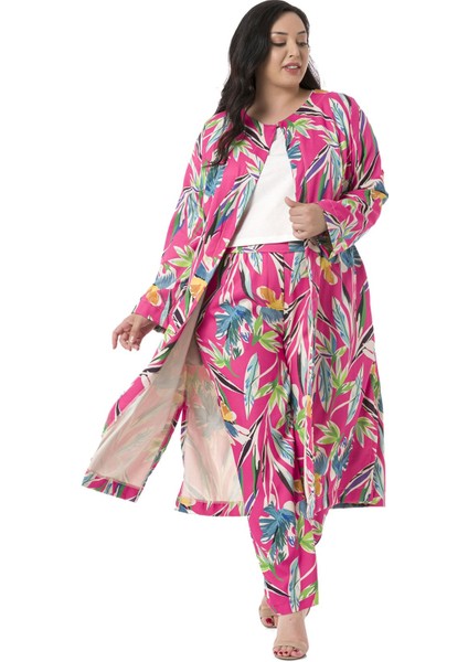 Büyük Beden Beli Yan ve Arkadan Lastikli Cepli Yaprak Baskılı Fuşya Pantolon indirimleri