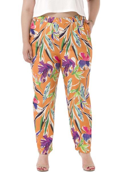 Büyük Beden Beli Yan ve Arkadan Lastikli Cepli Yaprak Baskılı Turuncu Pantolon