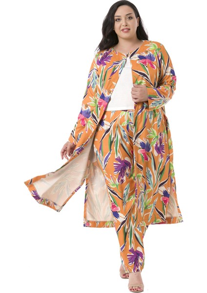 Büyük Beden Beli Yan ve Arkadan Lastikli Cepli Yaprak Baskılı Turuncu Pantolon fırsatları