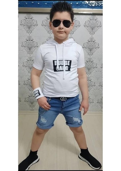 Kapişonlu Sweat Bileklik Zincir Aksesuarlı 4 Parça Erkek Çocuk Kot Şort Kombin - Beyaz