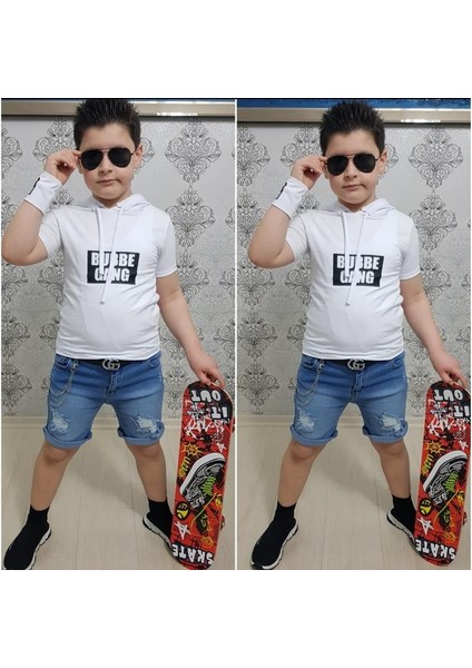 Kapişonlu Sweat Bileklik Zincir Aksesuarlı 4 Parça Erkek Çocuk Kot Şort Kombin - Beyaz modelleri