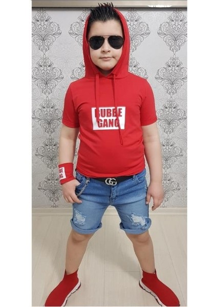 Kapişonlu Sweat Bileklik Zincir Aksesuarlı 4 Parça Erkek Çocuk Kot Şort Kombin - Kırmızı