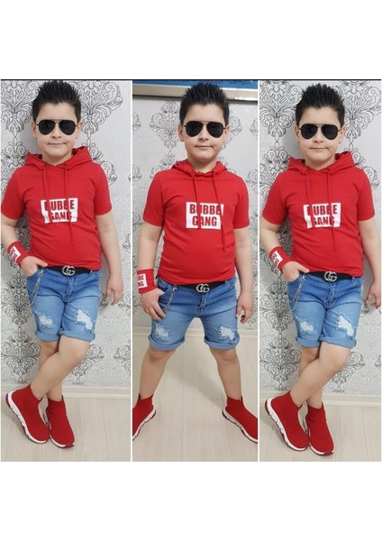 Kapişonlu Sweat Bileklik Zincir Aksesuarlı 4 Parça Erkek Çocuk Kot Şort Kombin - Kırmızı fiyatları