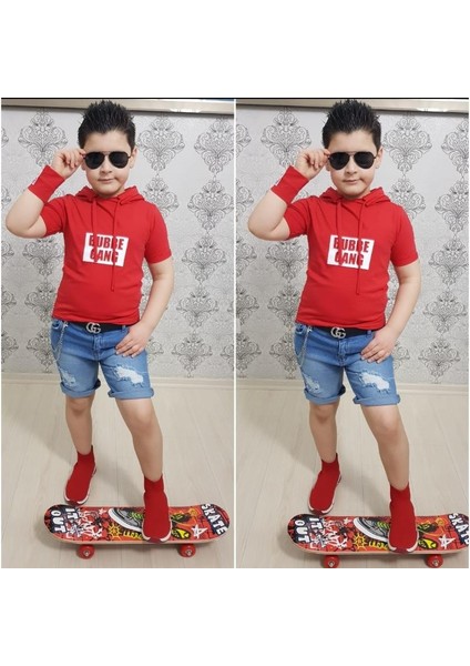 Kapişonlu Sweat Bileklik Zincir Aksesuarlı 4 Parça Erkek Çocuk Kot Şort Kombin - Kırmızı modelleri