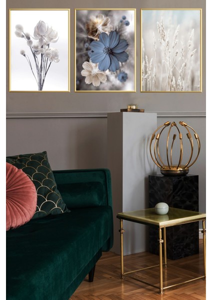 Üçlü Gold Alüminyum Metal Çerçeveli Camlı Mavi Çiçekli Poster Tablo Seti