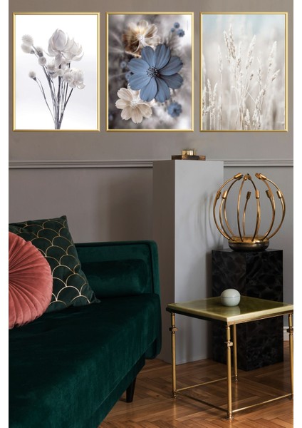 Üçlü Gold Alüminyum Metal Çerçeveli Camlı Mavi Çiçekli Poster Tablo Seti fırsatları