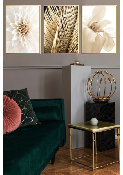 Üçlü Gold Alüminyum Metal Çerçeveli Camlı Poster Tablo Seti