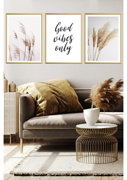 Üçlü Gold Alüminyum Metal Çerçeveli Motto Yazılı Camlı Poster Tablo Seti