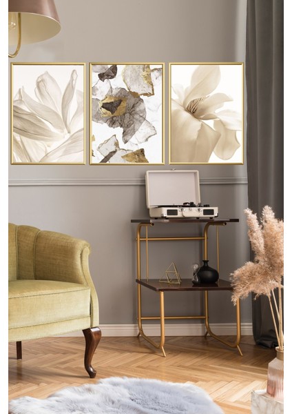Üçlü Gold Alüminyum Metal Çerçeveli Camlı Poster Tablo Seti