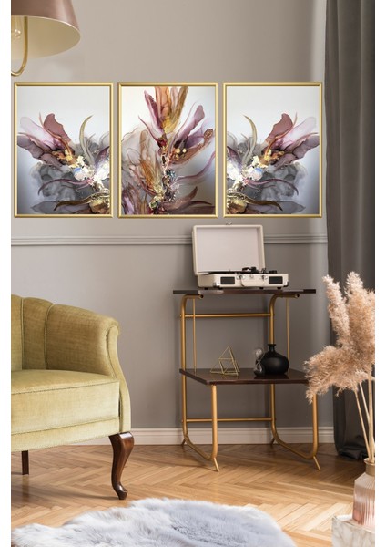 Üçlü Gold Alüminyum Metal Çerçeveli Mor Pembe Soyut Camlı Poster Tablo Seti