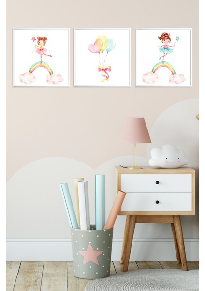 Üçlü Çocuk Odası Alüminyum Beyaz Metal Çerçeveli Camlı Kids Poster Tablo Seti