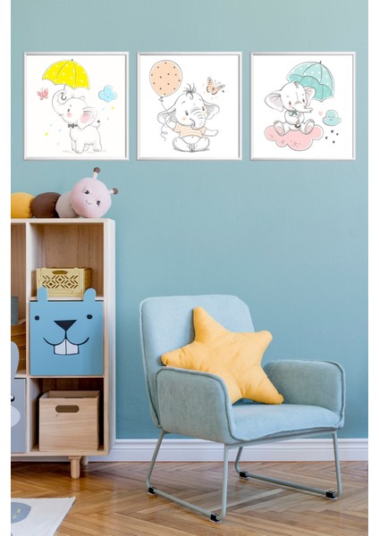 Üçlü Çocuk Odası Alüminyum Beyaz Metal Çerçeveli Camlı Kids Poster Tablo Seti