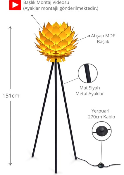 Lotus Metal Ayaklı Yerpuar Anahtarlı Ahşap Modern Tripod Üç Ayaklı Lambader Aydınlatma