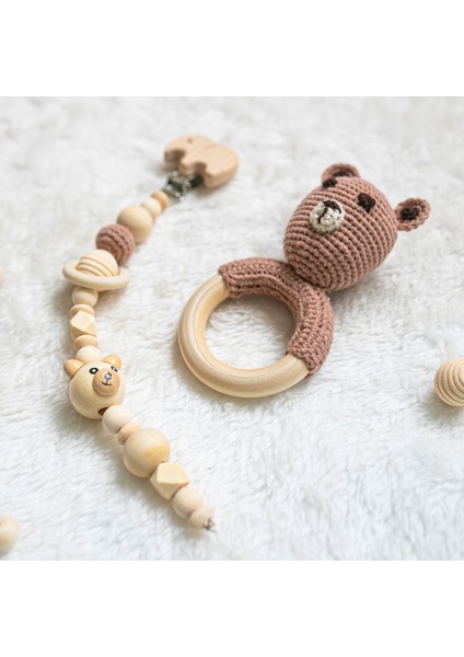 Lismo Kids Ayıcık Diş Kaşıyıcı ve Emzik Akısı Seti Amigurumi Ahşap Emzik Zinciri