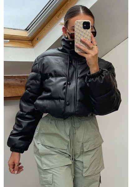 Siyah Kadın Crop Basic Deri Mont MG1380 fiyatları