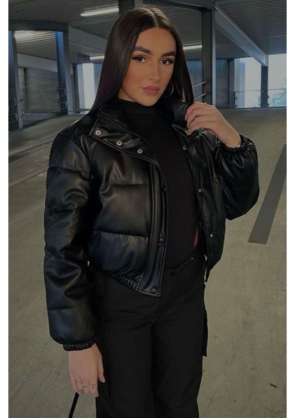 Siyah Kadın Crop Basic Deri Mont MG1380 modelleri