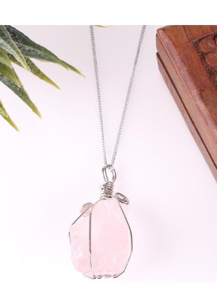 Pembe Kuvars Doğal Taş Tel Sarmalı Kolye