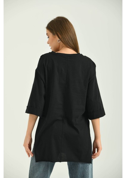 Siyah Duble Kol Geniş Kesim Asimetrik Yırtmaçlı Örme T-Shirt fırsatları