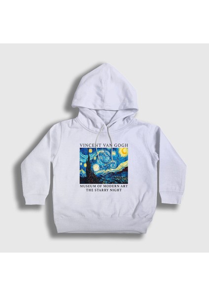 Unisex Çocuk Beyaz Starry Night V2 Art Painter Vincent Van Gogh Kapüşonlu Sweatshirt