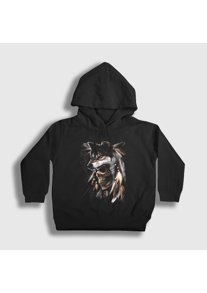 Unisex Çocuk Siyah Skull Wolf Kurt Kapüşonlu Sweatshirt