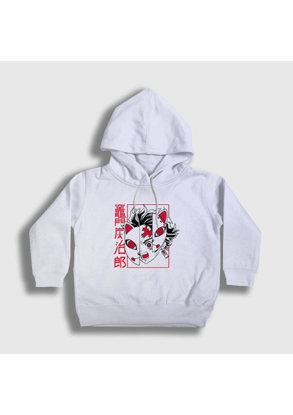 Unisex Çocuk Beyaz Mask Tanjiro Kamado Anime Demon Slayer Kimetsu No Yaiba Kapüşonlu Sweatshirt