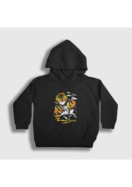 Unisex Çocuk Siyah Zenitsu V2 Anime Demon Slayer Kimetsu No Yaiba Kapüşonlu Sweatshirt
