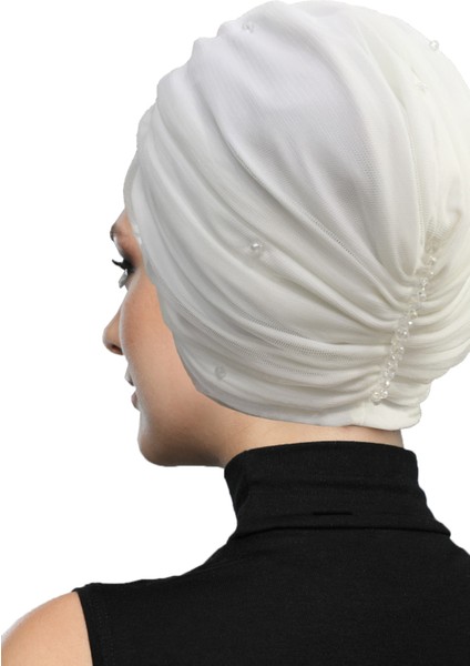 Kristal Tüllü Astarlı Krem Hazır Türban Tesettür Abiye Bone