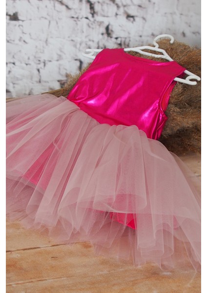 Kız Çocuk Arkadan Fiyonklu Fuşya Pembe Tütü Elbise Bandana Takım modelleri