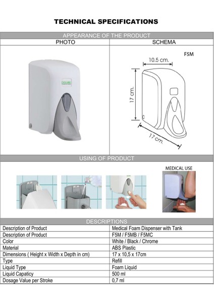 Vialli F5M Hazneli Medikal Köpük Sabun Dispenseri Aparatı 500 ml Beyaz