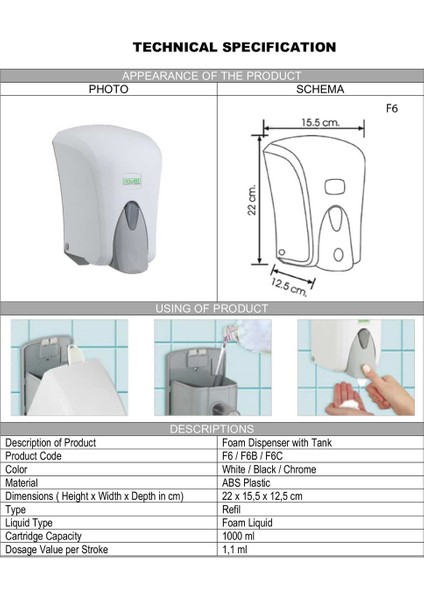 Vialli F6C Hazneli Köpük Sabun Dispenseri Aparatı 1000 ml Gri