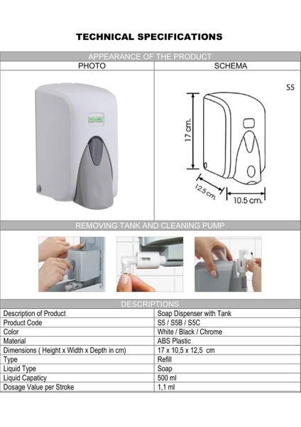 Vialli S5 Hazneli Sıvı Sabun Bulaşık Deterjan Şampuan Duş Jeli Dezenfektan Dispenseri 500 ml Beyaz