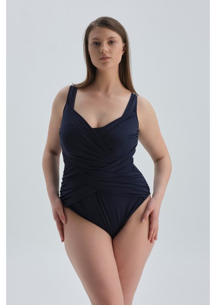 Lacivert Korseli Toparlayıcı Drapeli Mayo