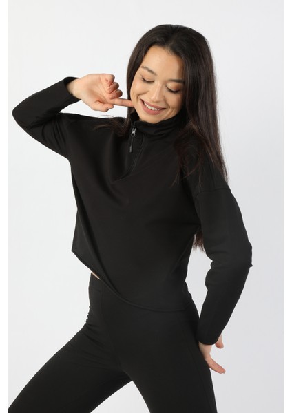 Kadın Yarım Balıkçı Düşük Kol 2 Iplik Sweatshirt Siyah