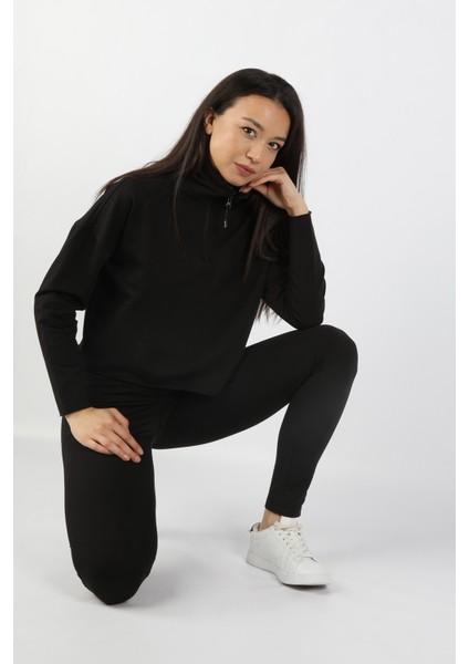 Kadın Yarım Balıkçı Düşük Kol 2 Iplik Sweatshirt Siyah modelleri