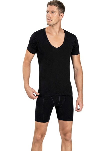 Erkek Siyah Pamuklu Likralı V Yaka Atlet 213 modelleri