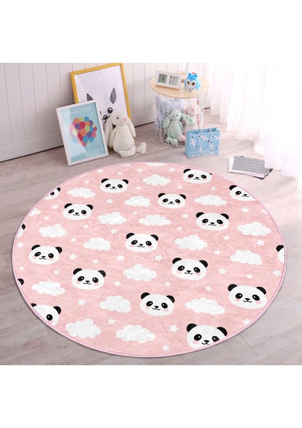 Pembe Zeminli Panda Resimli Çocuk & Genç Odası Makinede Yıkanabilir Kaymaz Tabanlı Yuvarlak Çocuk Halısı
