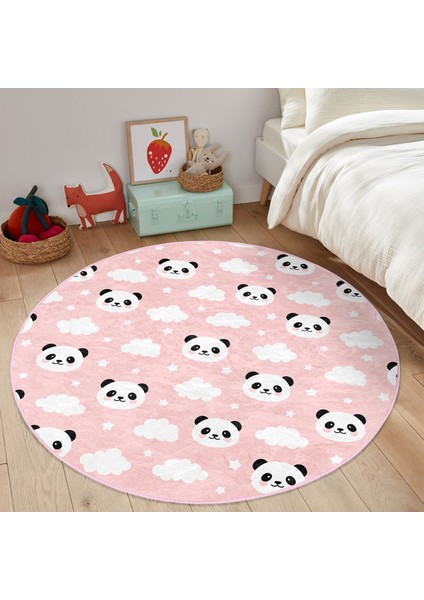 Pembe Zeminli Panda Resimli Çocuk & Genç Odası Makinede Yıkanabilir Kaymaz Tabanlı Yuvarlak Çocuk Halısı modelleri