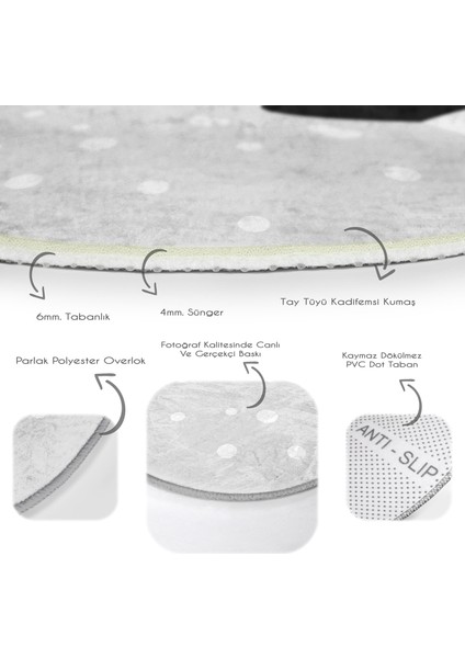 Gri Zeminde Panda Temalı Çocuk & Genç Odası Makinede Yıkanabilir Kaymaz Tabanlı Yuvarlak Çocuk Halısı