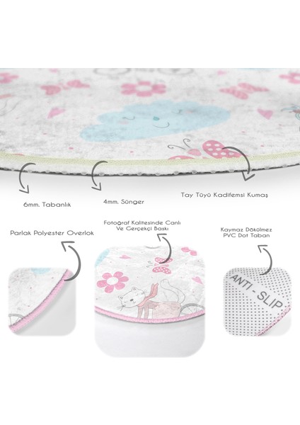 Bisikletli Kedicik Motifli Çocuk & Genç Odası Makinede Yıkanabilir Kaymaz Tabanlı Yuvarlak Çocuk Halısı