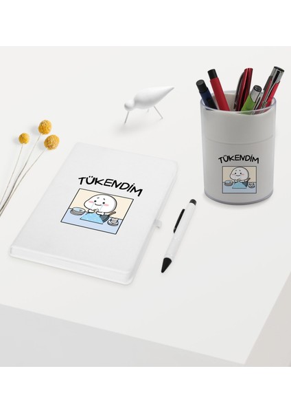 Gift Tükendim Tasarımlı Beyaz Defter Kalem ve Kalemlik Hediye Seti - Model 1