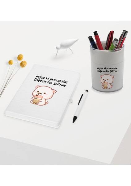 Gift Neyse Ki Prensesim Tasarımlı Beyaz Defter Kalem ve Kalemlik Hediye Seti - Model 1