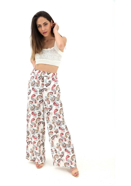 Bol Paça Renkli Baskı Keten Pantolon - Mint Yeşili fiyatları