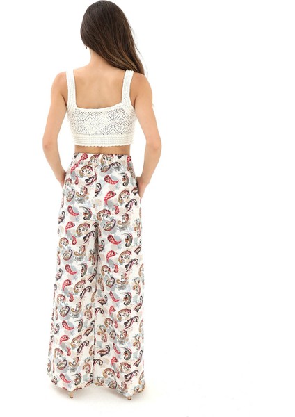 Bol Paça Renkli Baskı Keten Pantolon - Mint Yeşili fırsatları