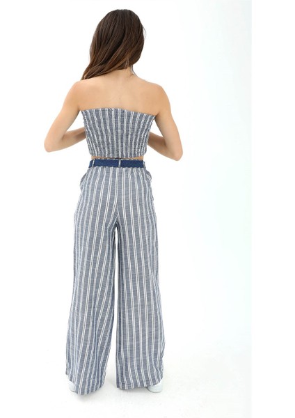 Hasır Kemerli Çizgili Keten Pantolon - Indigo fırsatları