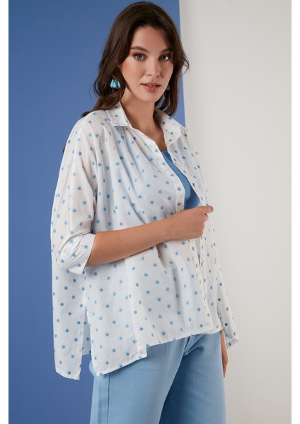 Oversize Fit Yıldız Desenli Truvakar Kol % 100 Pamuk Gömlek Bayan GÖMLEK 6058192