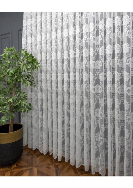 Damask Kullanıma Hazır 1/2 Seyrek Pile Tül Perde Tek Kanat - Ekru 100 x 260 cm