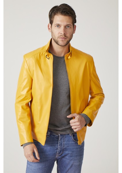 Sarı London Baskılı Erkek Deri Ceket fiyatları