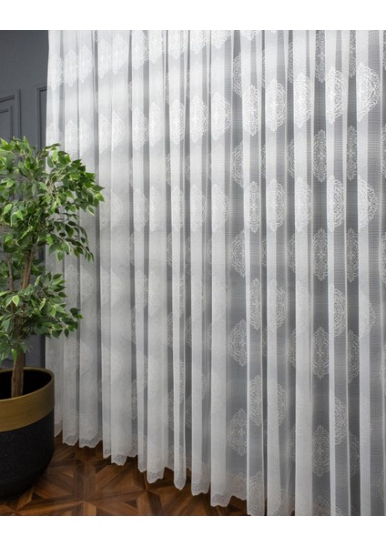 Damask Kullanıma Hazır Ekstraforlu Pilesiz Tül Perde Tek Kanat - Ekru 100 x 260 cm