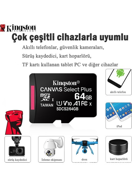 Kingston 64GB Hafıza Kartı Micro-Sd/tf Yüksek Hızlı Hafıza Kartı Gözetleme Kamerası Sürüş Kaydedici Evrensel( Yurt Dışından )