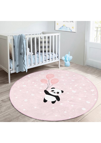 Pembe Zemin Uçan Balonlar ve Sevimli Panda Desenli Çocuk & Genç Odası Makinede Yıkanabilir Kaymaz Tabanlı Yuvarlak Çocuk Halısı